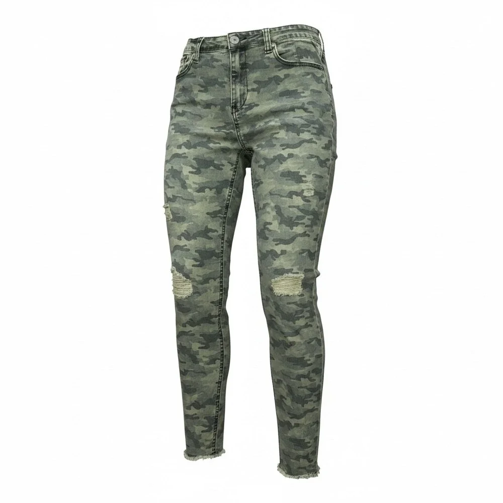 Wishlist Jeans Womens XL Green Camo Distressed Skinny Jeans High Rise